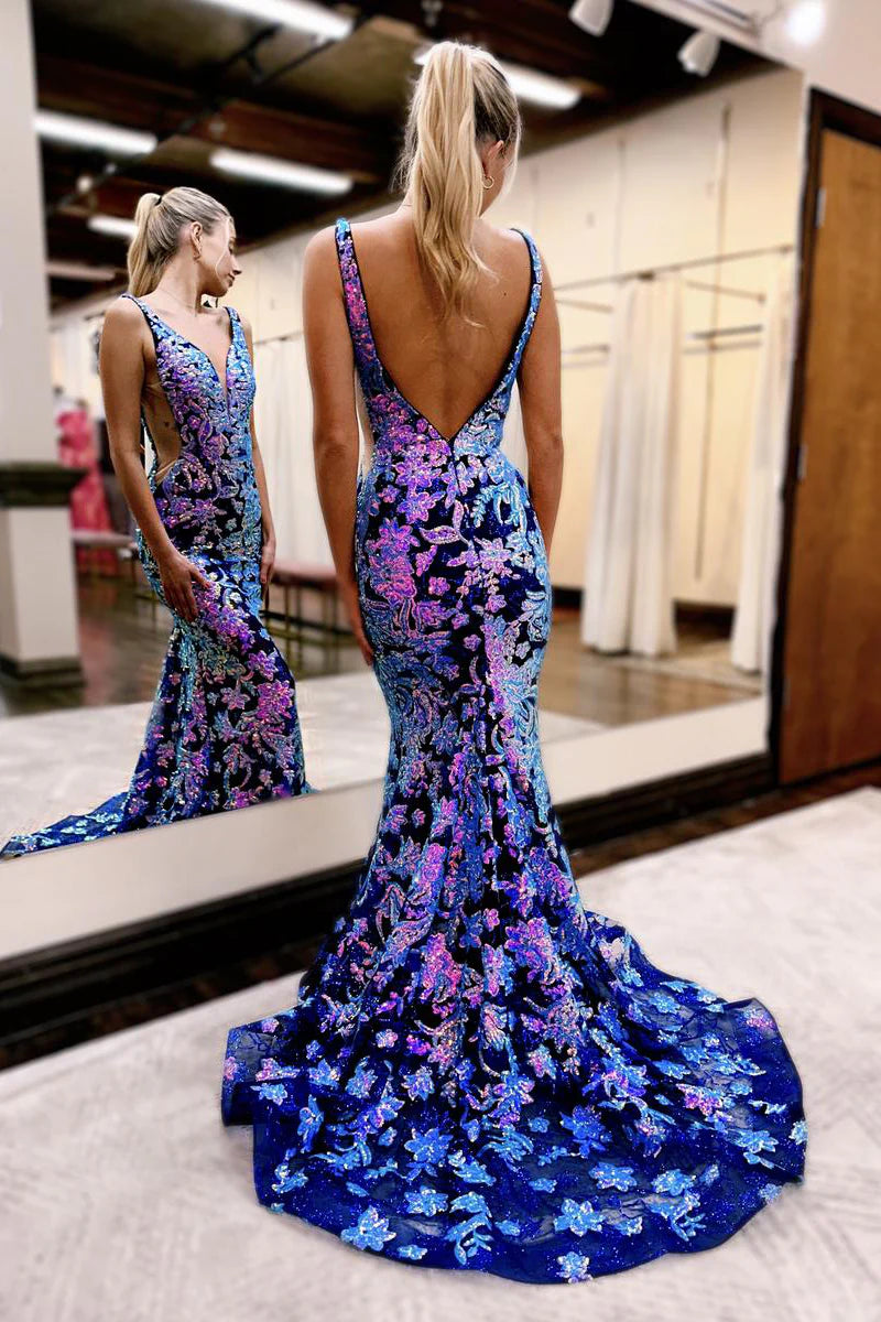 Mermaid Gorgeous V Neck Sequins Lace Long Prom Dress